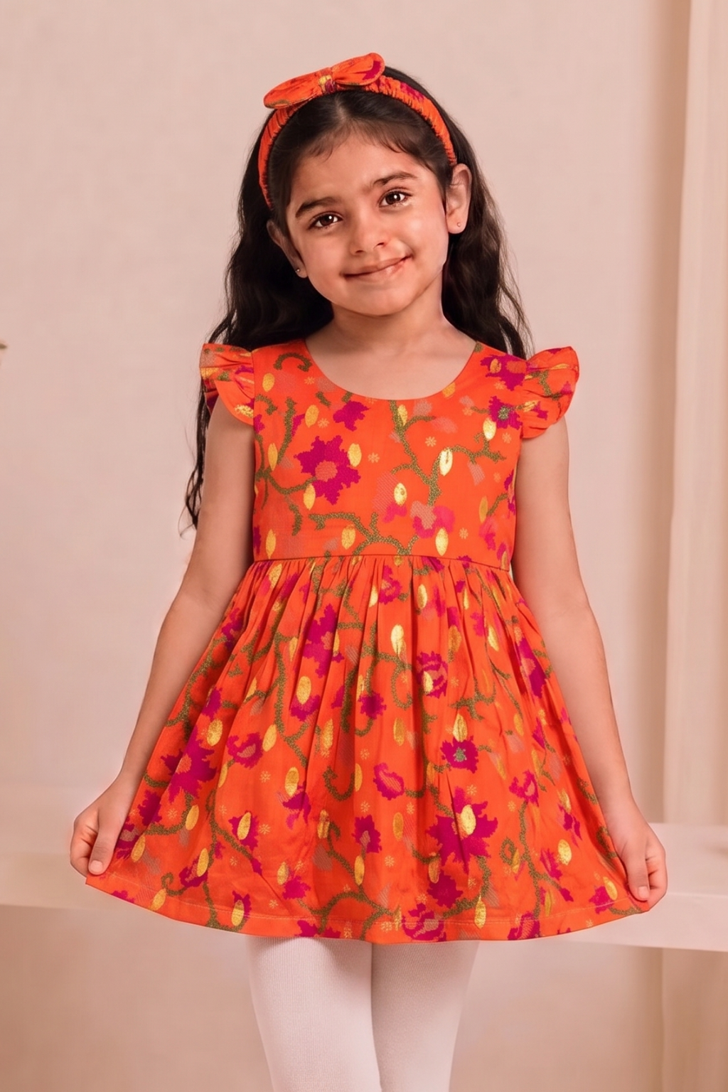 Orange Flowers Print With Hair Band Frock For Girls Main image