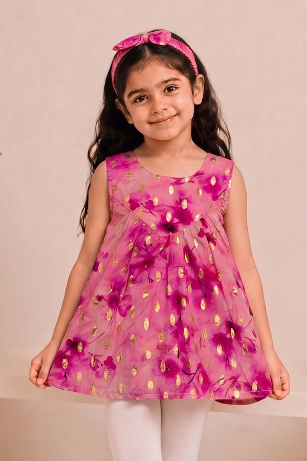 Pink Flowers Print With Hair Band Frock For Girls