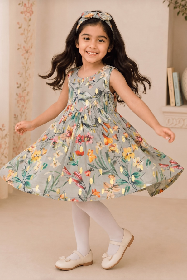 Grey Flowers Print With Hair Band Frock For Girls