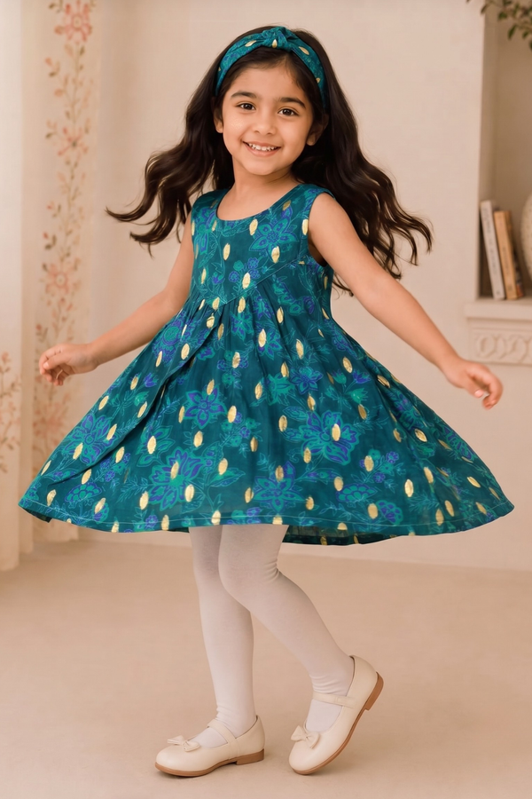 Turqouise Flowers Print With Hair Band Frock For Girls