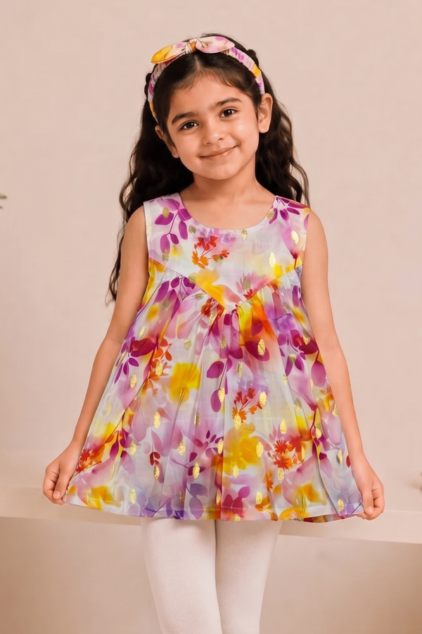 White With Pink Flowers Print With Hair Band Frock For Girls