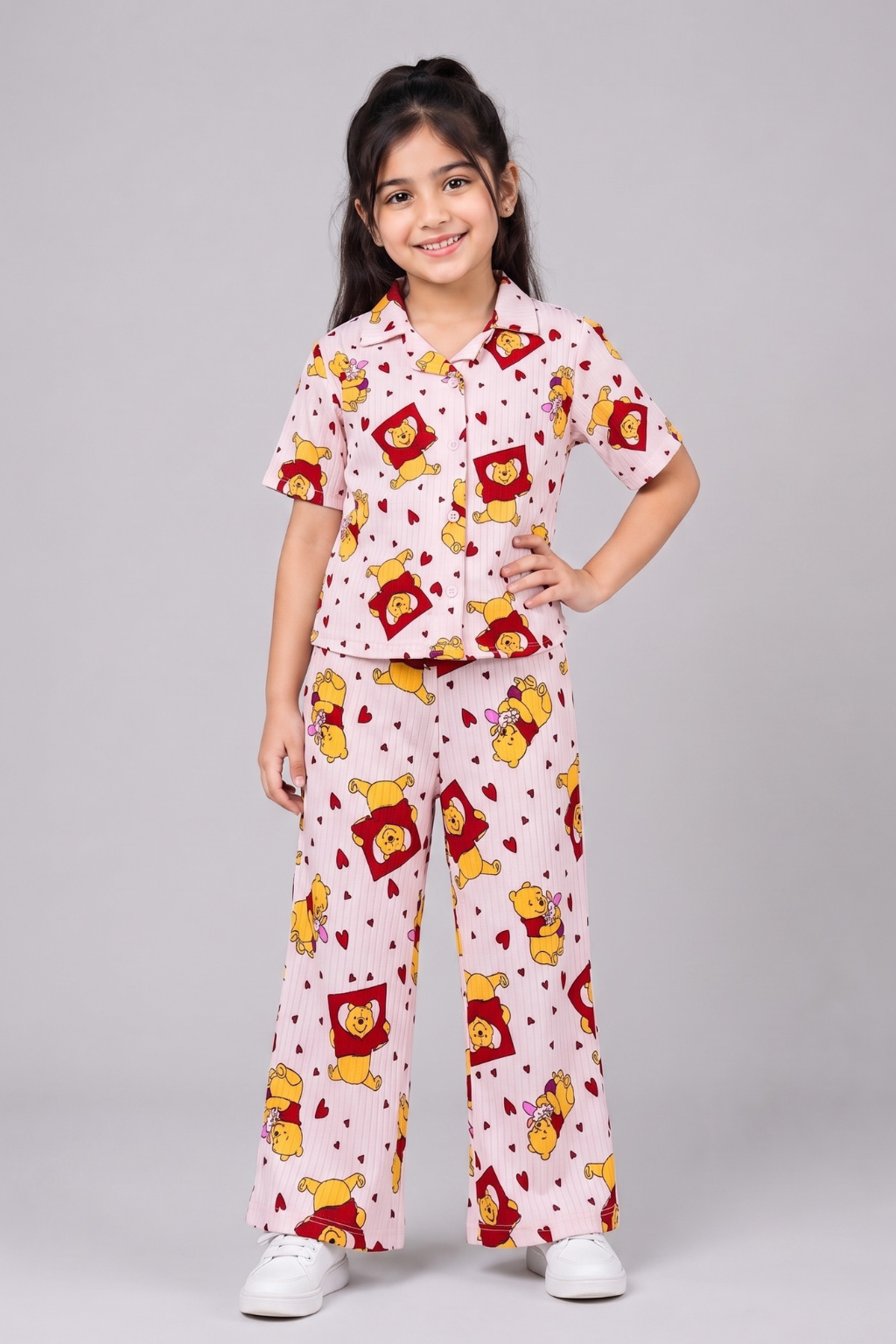 White Bear Print Co-ord Fabric Suit For Girls