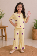 Yellow With Purple Starwberry Print Co-ord Fabric Suit For Girls