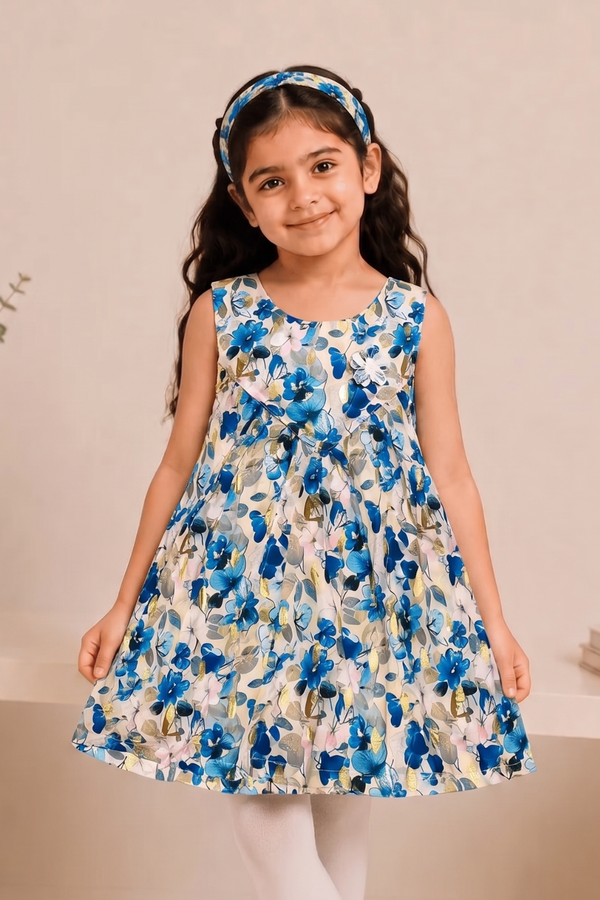 Cream With Blue Flowers Print With Hair Band Frock For Girls