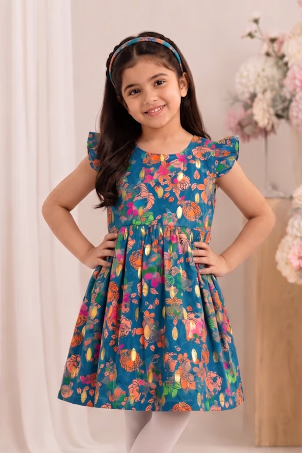 Blue With Orange Flowers Print With Hair Band Frock For Girls