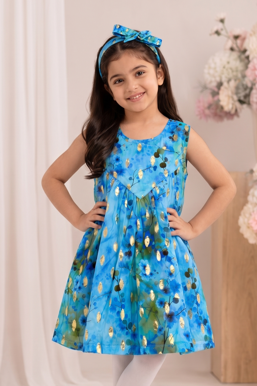 Blue & Golden Shade Flowers Print With Hair Band Frock For Girls