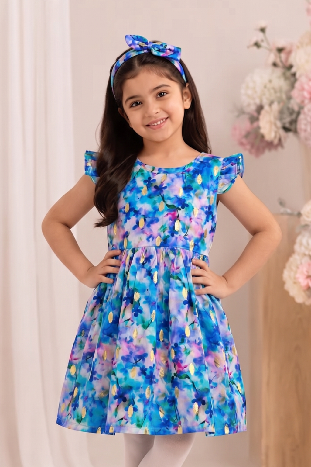 Blue & Pink Shade Flowers Print With Hair Band Frock For Girls