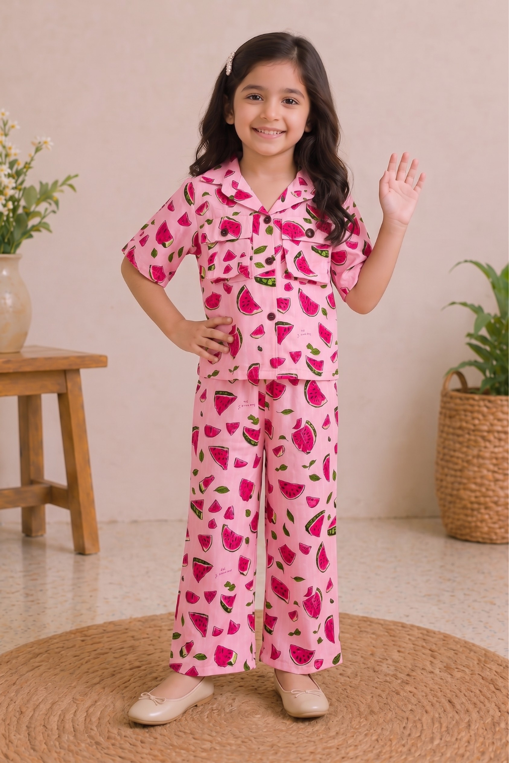 Pink Watermelon Print Linen Suit For Girls Main image