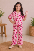 Pink Watermelon Print Linen Suit For Girls