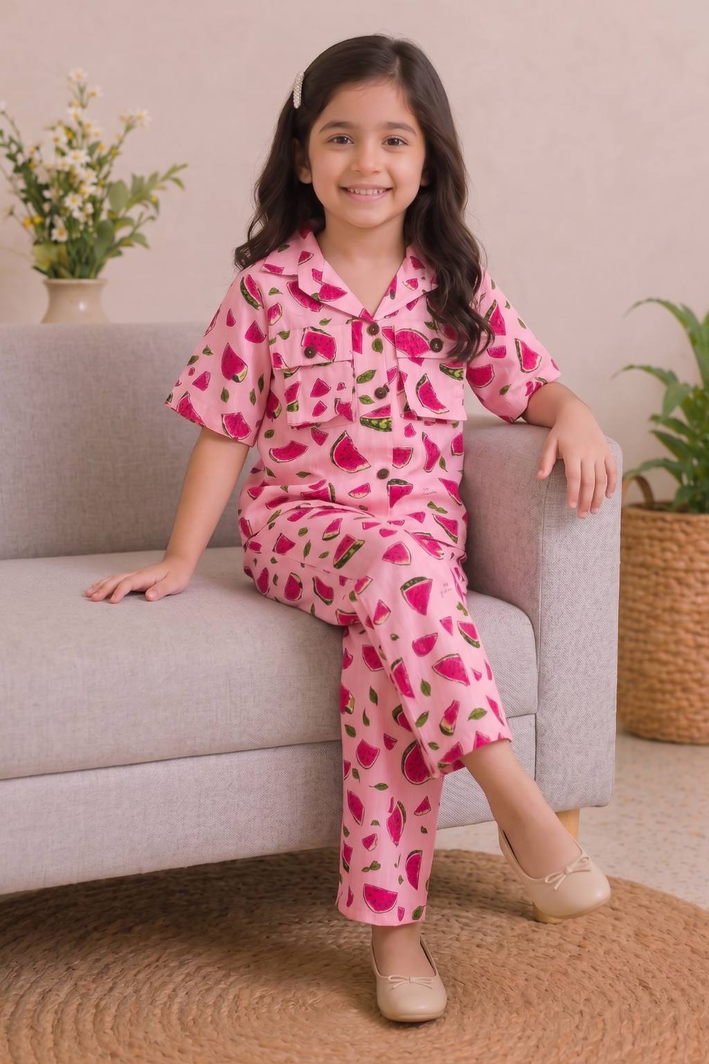 Pink Watermelon Print Linen Suit For Girls