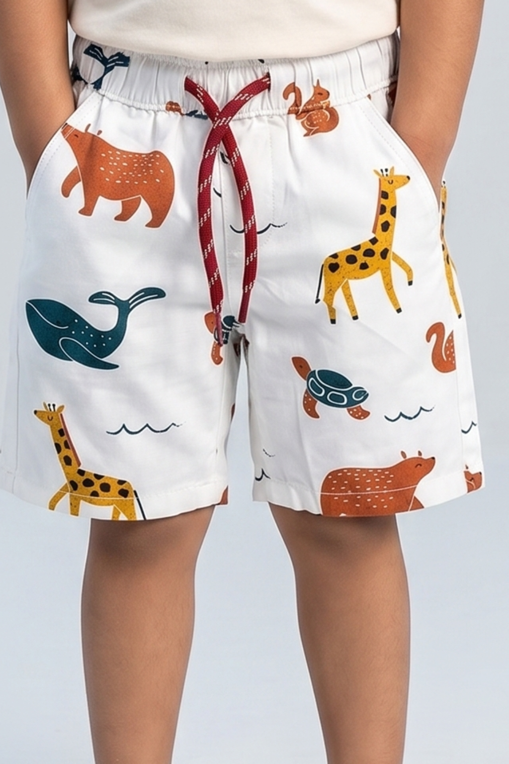 White Animals Print Cotton Fabric Shorts For Boys Main image