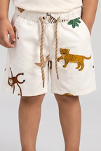 Cream Animals Print Cotton Fabric Shorts For Boys