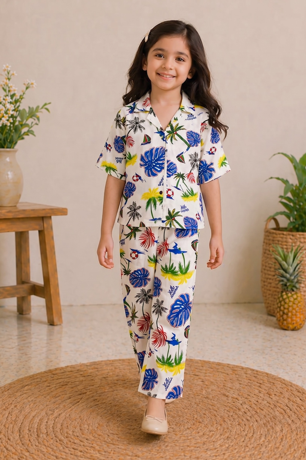 White Tree Print Linen Suit For Girls
