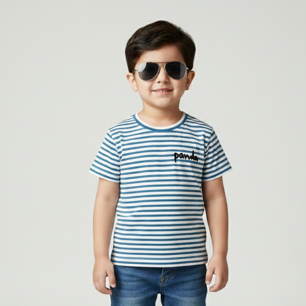 WHITE WITH BLUE STRIPES PANDA HALF SLEEVES T-SHIRT FOR BOYS