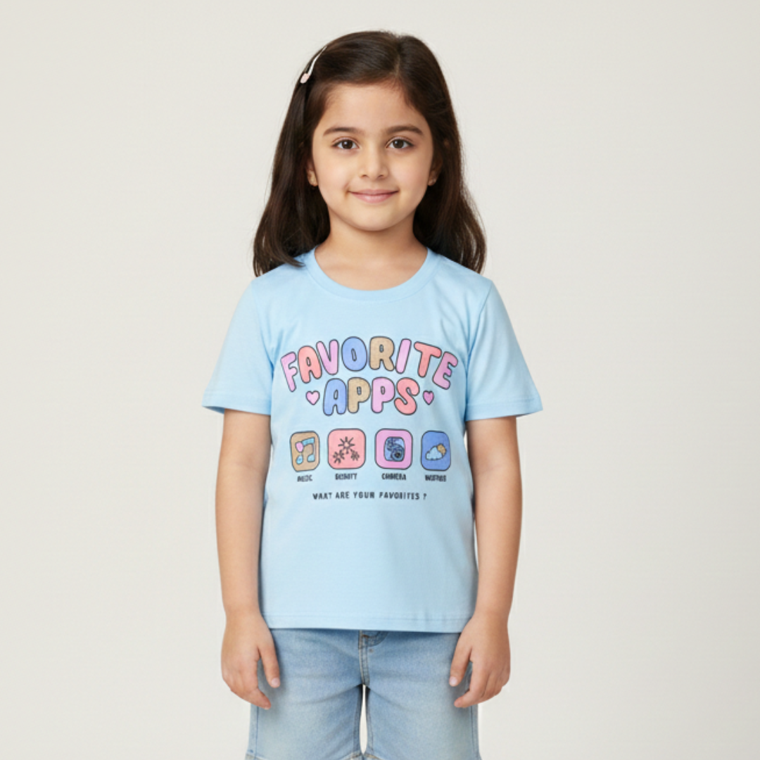 SKY BLUE FAVORITE APPS PRINTED T-SHIRT TOP FOR GIRLS