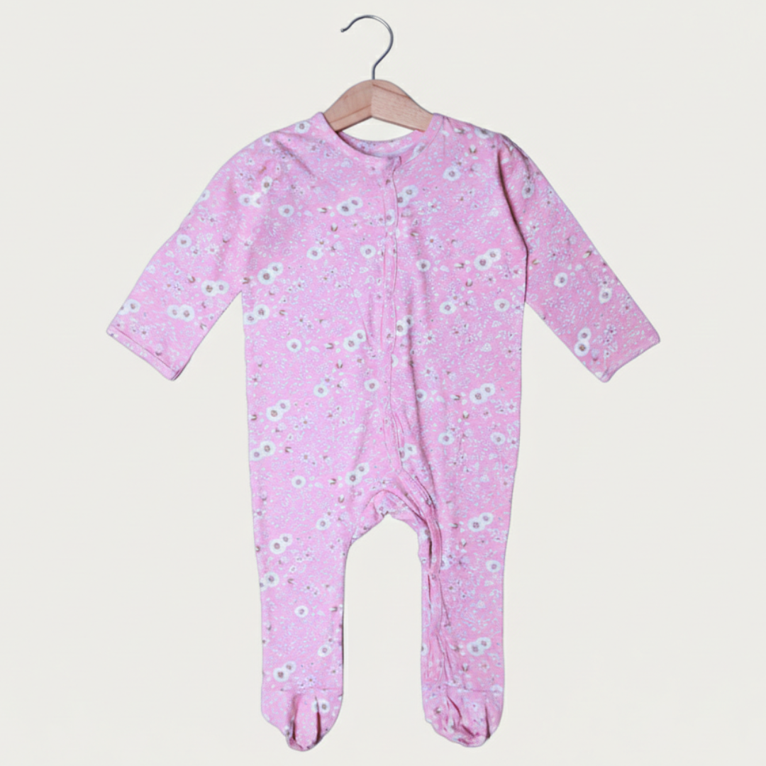 PINK FLOWERS PRINT COTTON JERSY FABRIC FULL BODY FULL SLEEVES ROMPER Main image