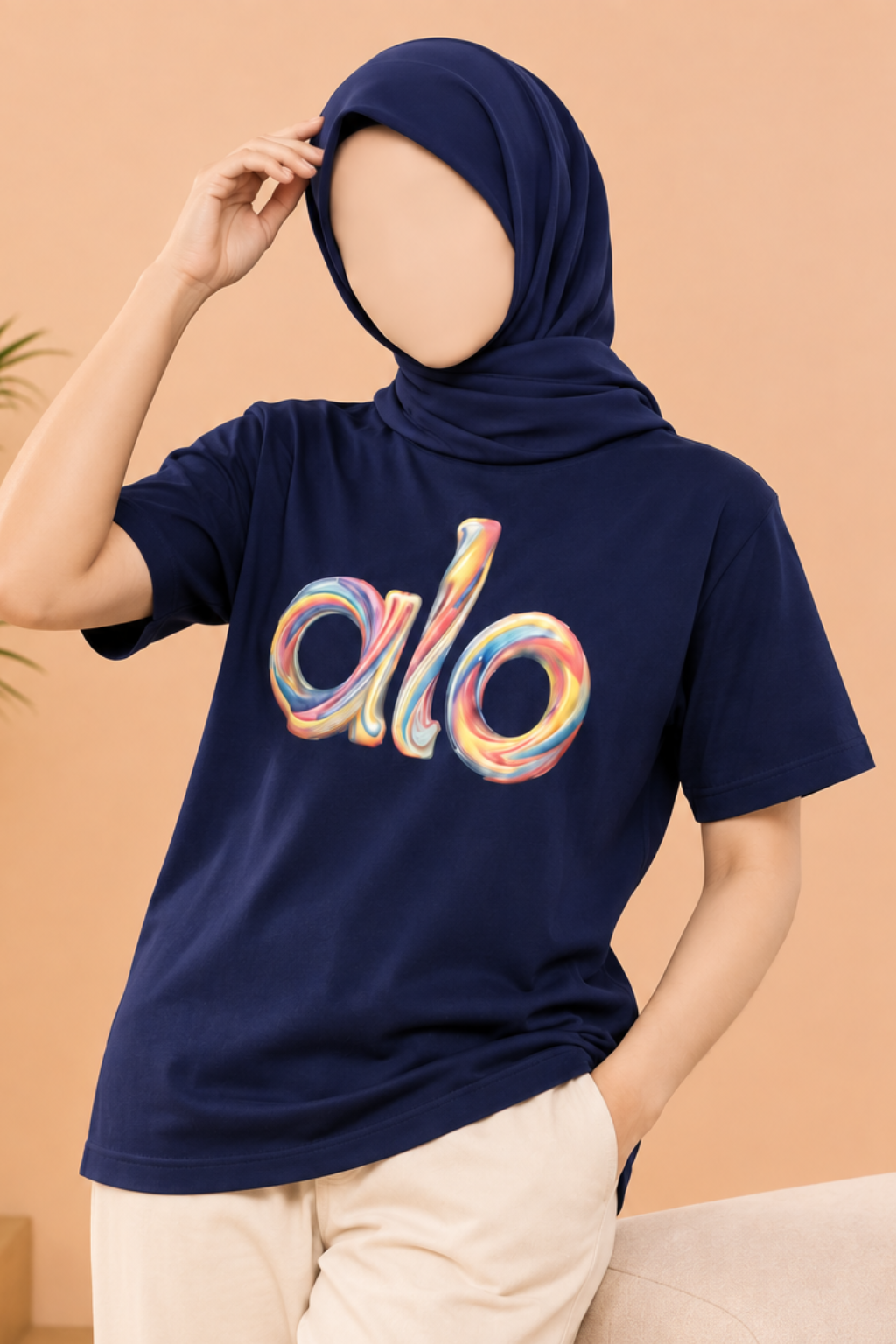 Navy Blue ALO Print T-Shirt For Women Main image