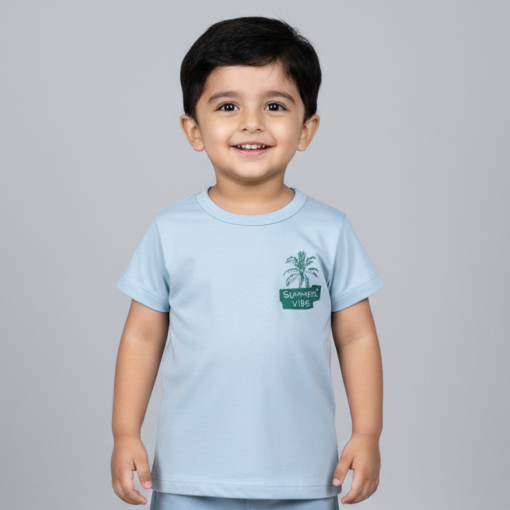 SKY BLUE "SUMMER VIBE" PRINT HALF SLEEVES T-SHIRT FOR BOYS