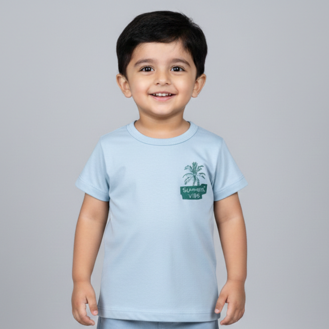 SKY BLUE "SUMMER VIBE" PRINT HALF SLEEVES T-SHIRT FOR BOYS