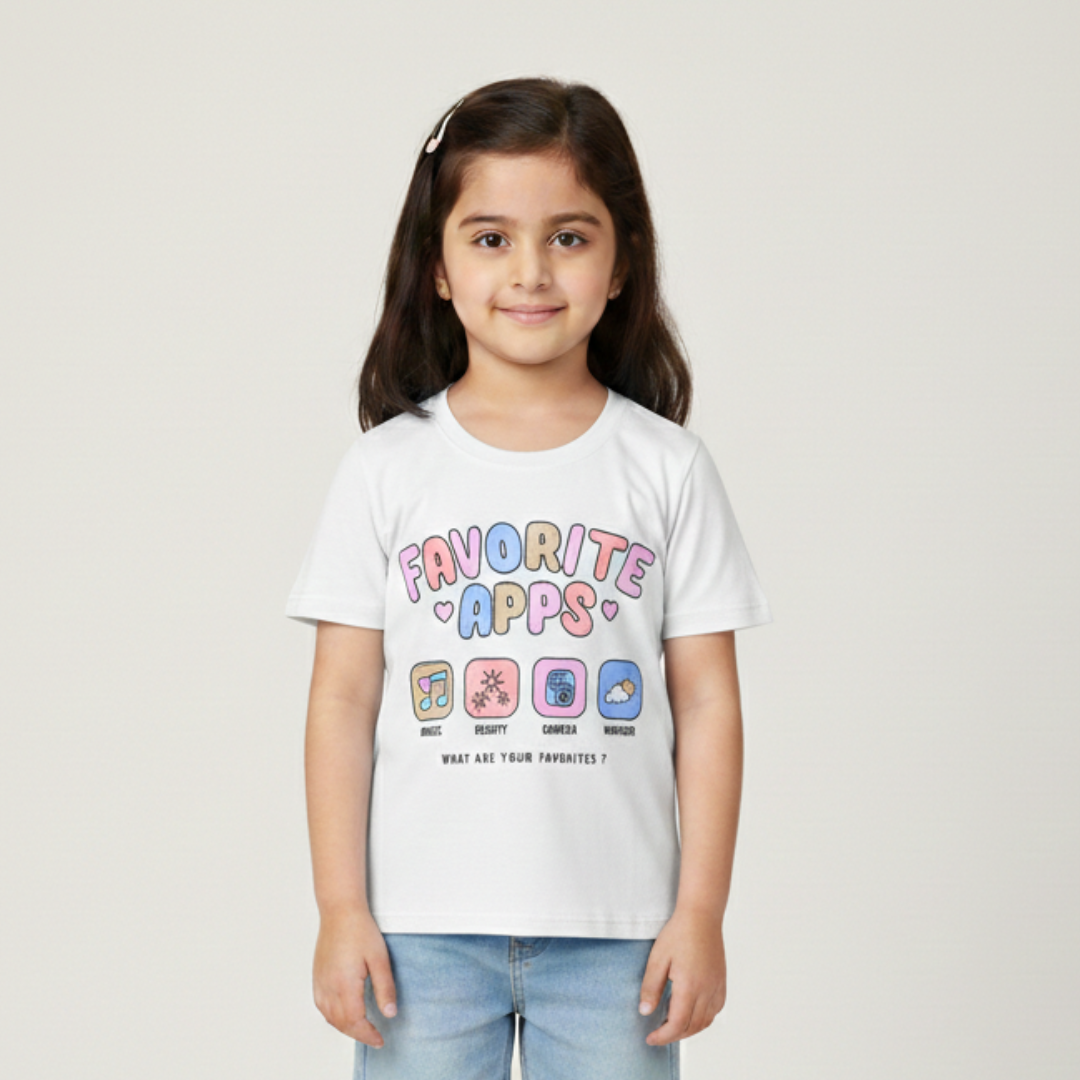WHITE FAVORITE APPS PRINTED T-SHIRT TOP FOR GIRLS