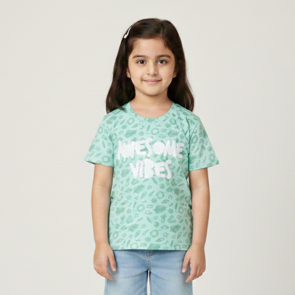 SEA GREEN AWESOME VIBES PRINTED T-SHIRT TOP FOR GIRLS