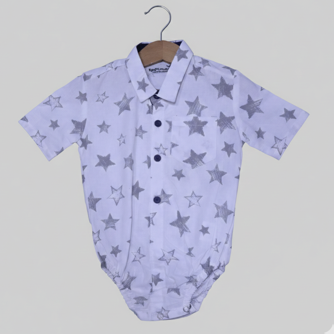 WHITE COTTON FABRIC STARS PRINT WITH COLLAR ROMPER