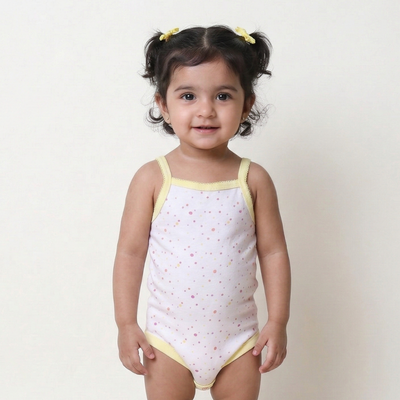 WHITE DOTS PRINTED SLEEVES LESS HALF BODY ROMPER FOR GIRLS RIBBED FABRIC