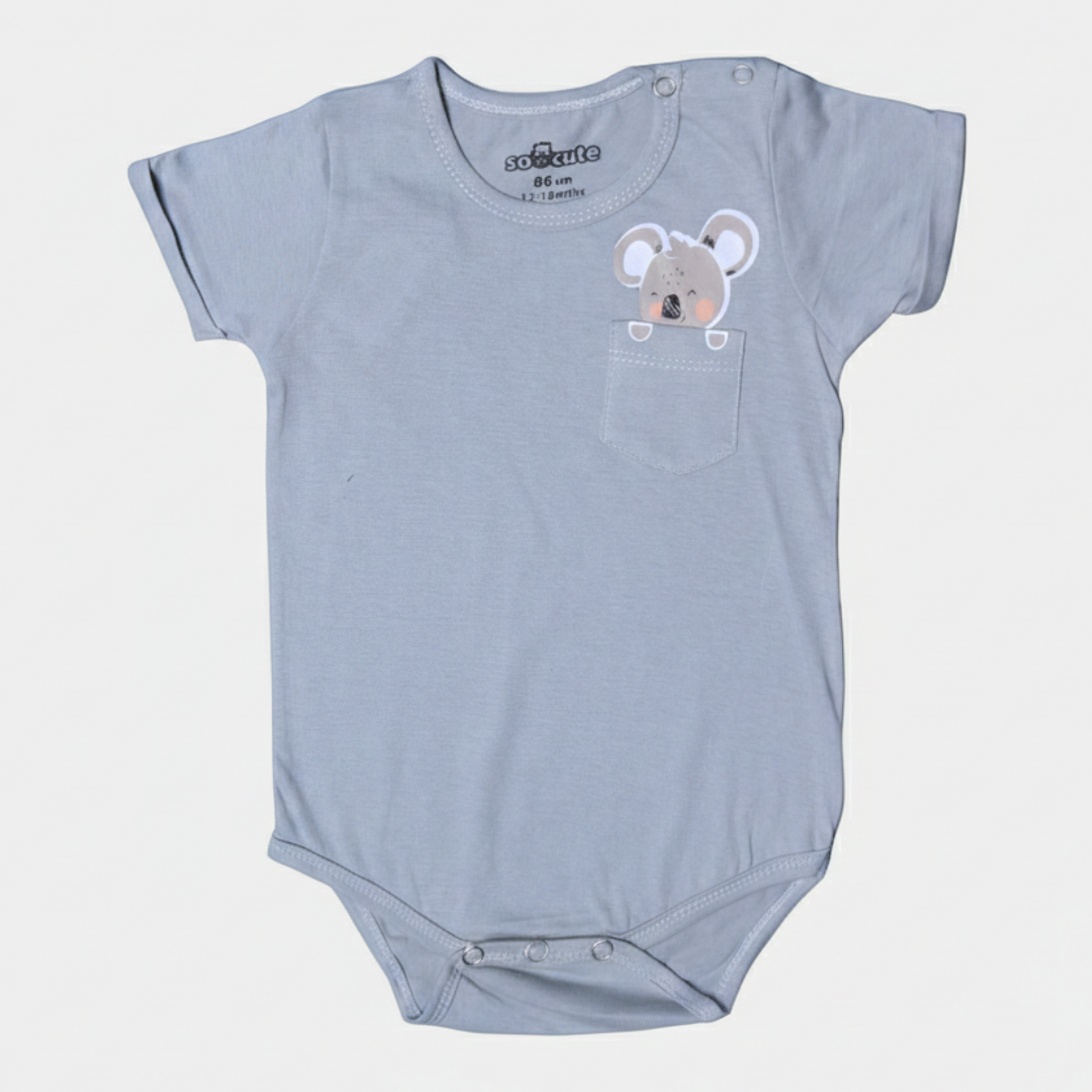 ASH GREY POCKET CARTOON PRINTED HALF BODY HALF SLEEVES ROMPER