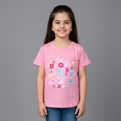 NEW PINK HAPPY WEEKEND PRINTED T-SHIRT TOP FOR GIRLS