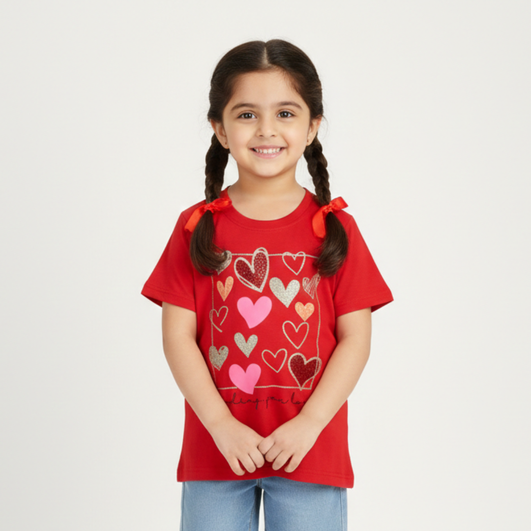 RED "SENDING YOU LOVE" PRINTED T-SHIRT TOP FOR GIRLS
