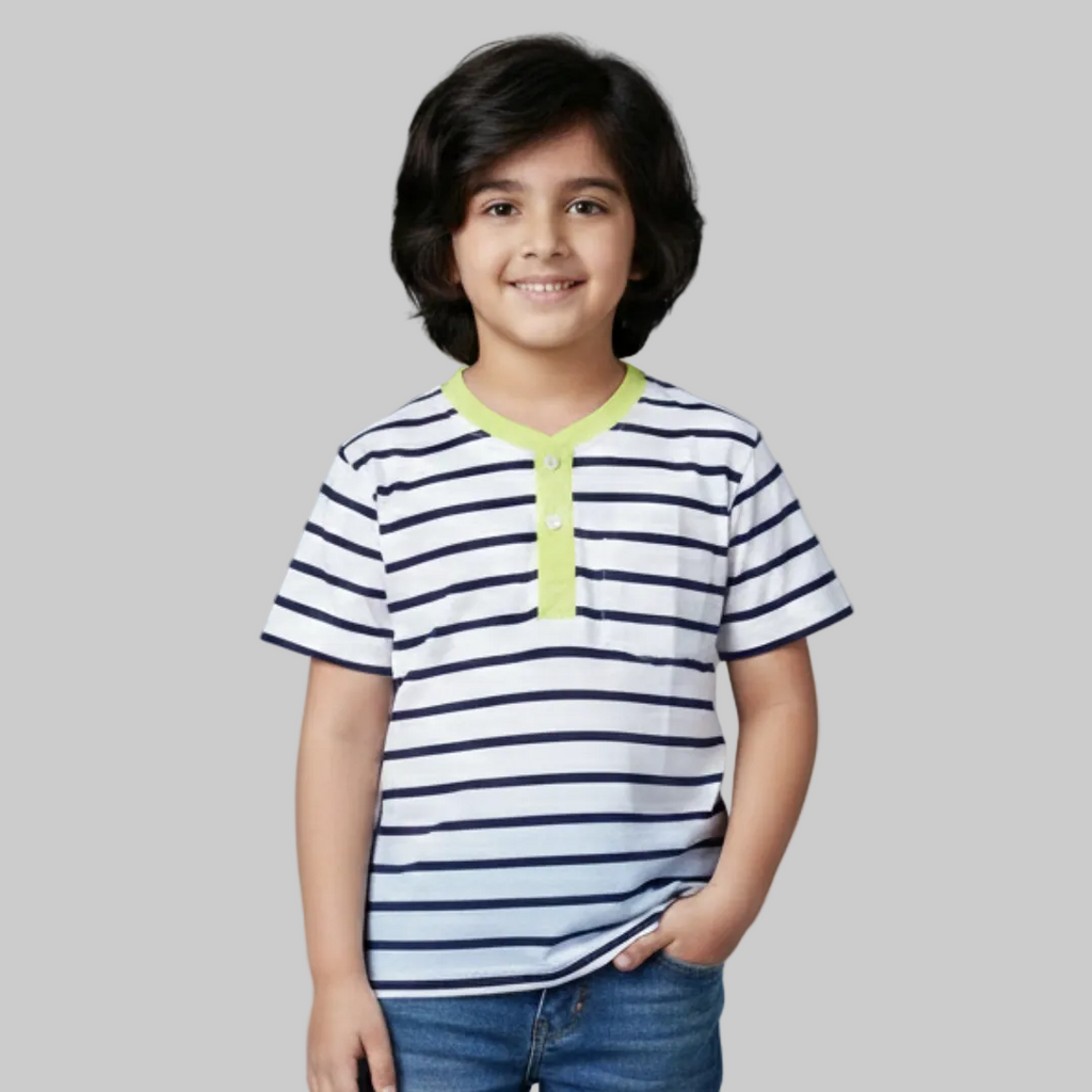 WHITE WITH SHADED COLOR BLUE STRIPES HALF SLEEVES T-SHIRT FOR BOYS