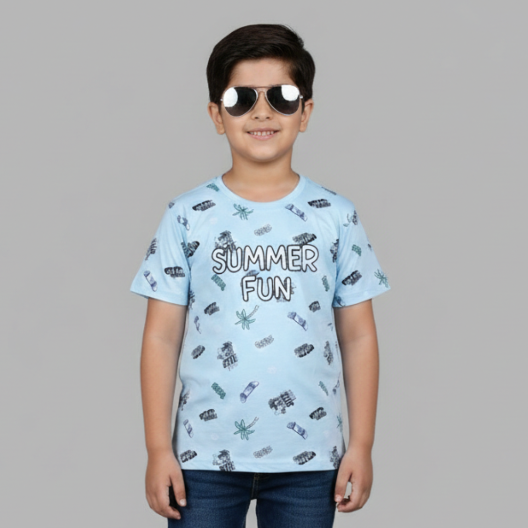 SKY BLUE SUMMER FUN PRINTED HALF SLEEVES T-SHIRT