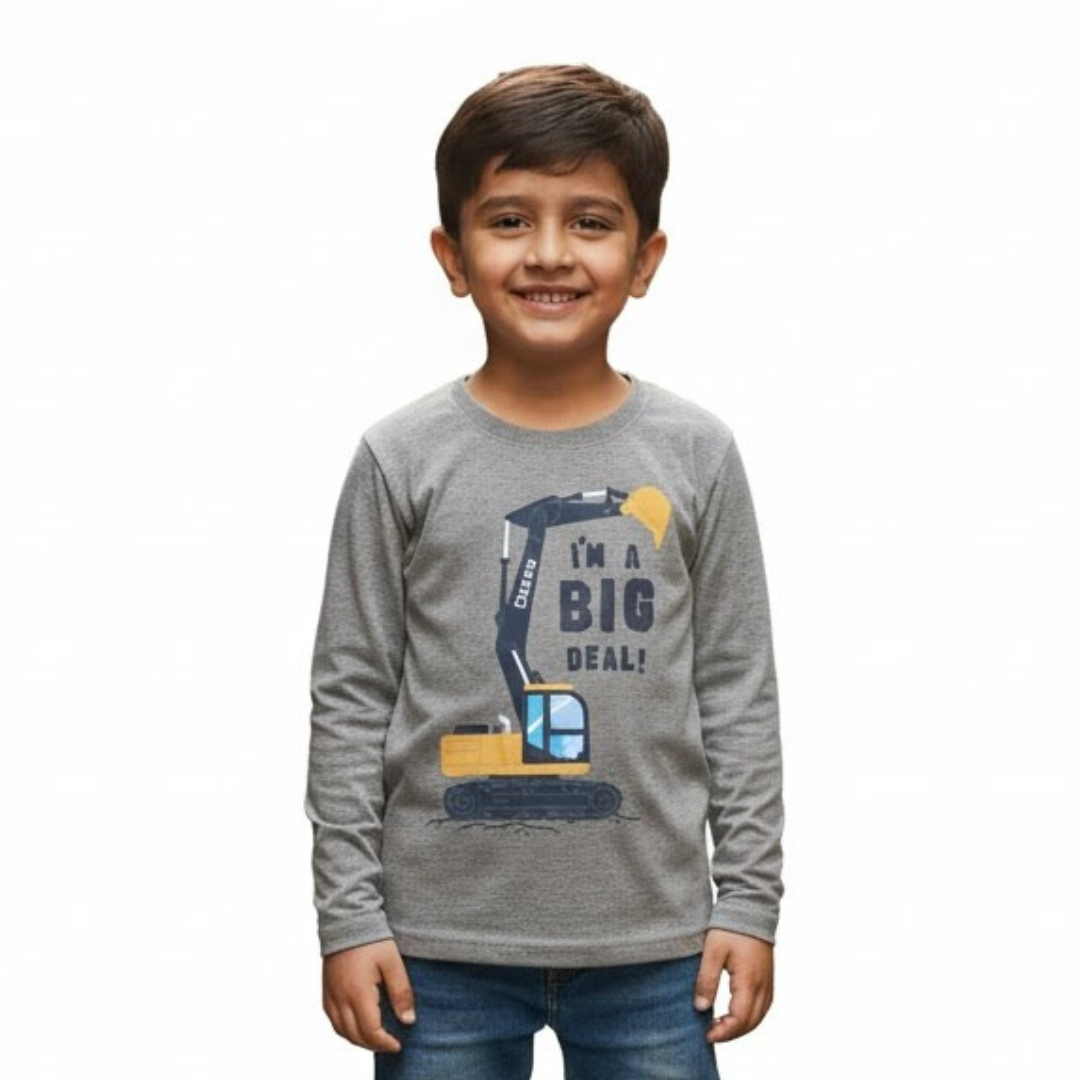 GREY I'M A BIG DEAL ESCAVATOR PRINTED FULL SLEEVES T-SHIRT Main image