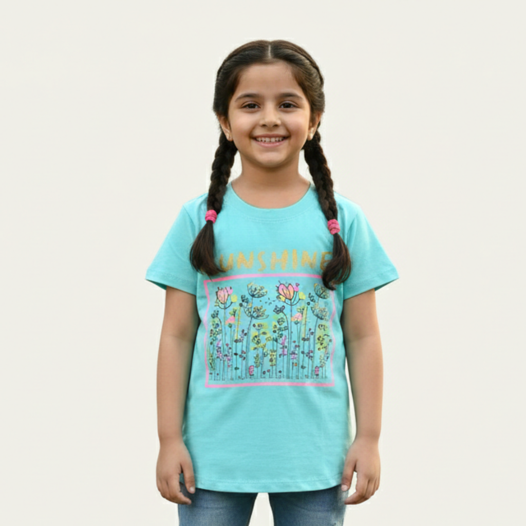 SKY BLUE SUNSHINE FLOWERS PRINTED T-SHIRT FOR GIRLS