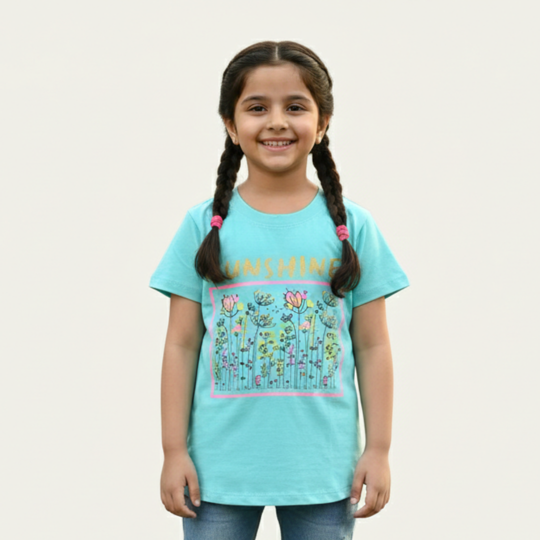 SKY BLUE SUNSHINE FLOWERS PRINTED T-SHIRT FOR GIRLS
