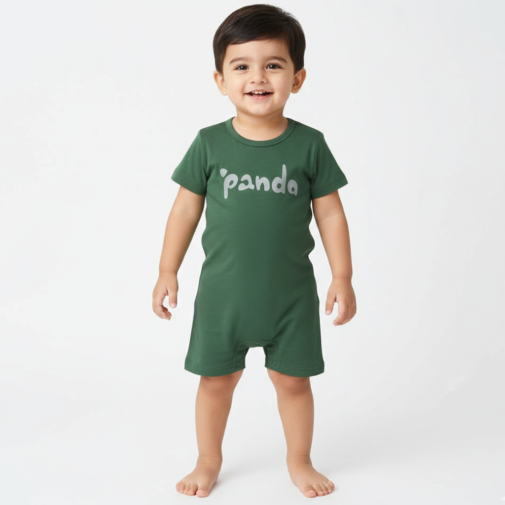DARK GREEN PANDA PRINT HALF BODY ROMPER