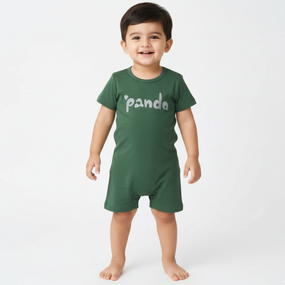 DARK GREEN PANDA PRINT HALF BODY ROMPER