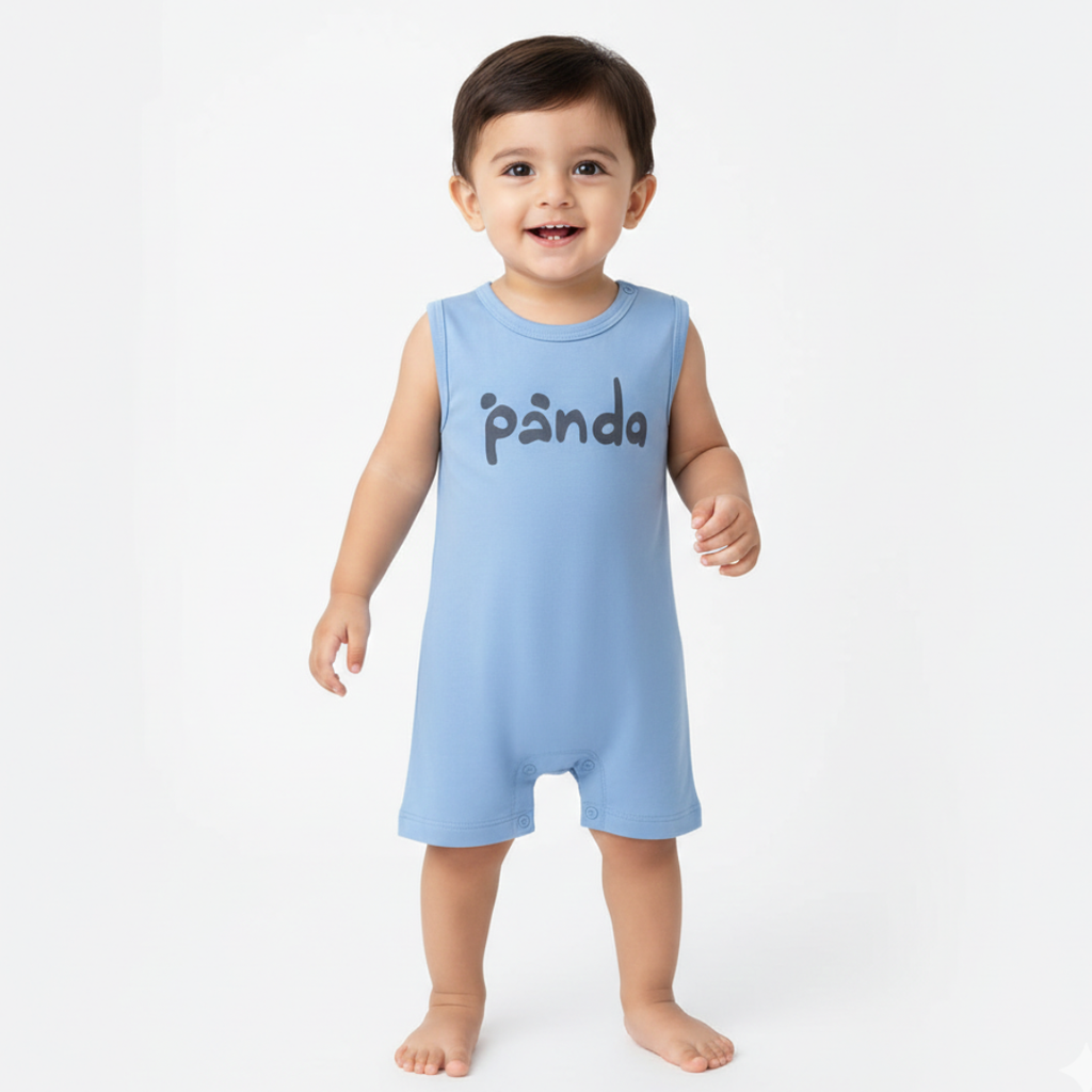 SKY BLUE PANDA PRINT HALF BODY SLEEVES LESS ROMPER
