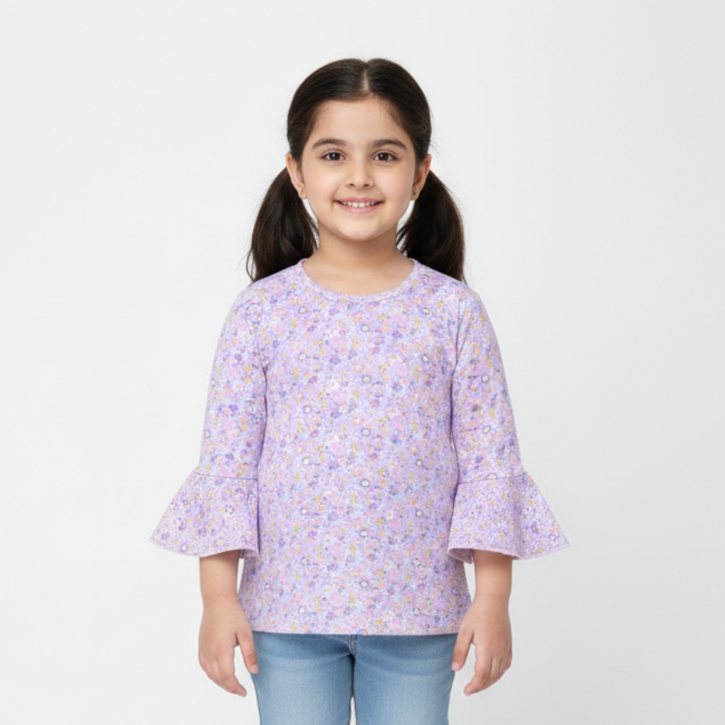 WHITE WITH PURPLE FLOWERS FRIL SLEEVES PRINTED FULL SLEEVES T-SHIRT FOR GIRLS