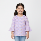 WHITE WITH PURPLE FLOWERS FRIL SLEEVES PRINTED FULL SLEEVES T-SHIRT FOR GIRLS