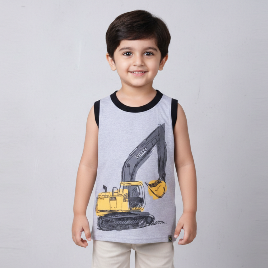LIGHT GREY ESCAVATOR PRINTED SANDO FOR BOYS