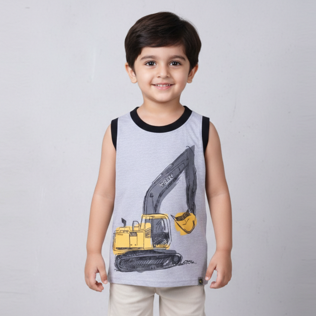 LIGHT GREY ESCAVATOR PRINTED SANDO FOR BOYS