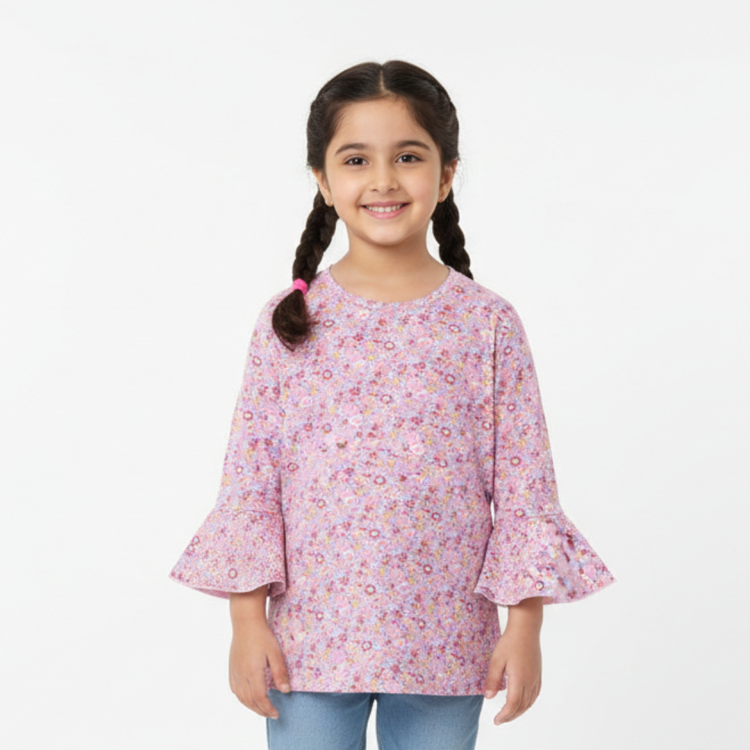 BABY PINK FLOWERS FRIL SLEEVES PRINTED FULL SLEEVES T-SHIRT FOR GIRLS Main image