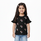 BLACK FLOWERS EMBROIDERED T-SHIRT TOP FOR GIRLS