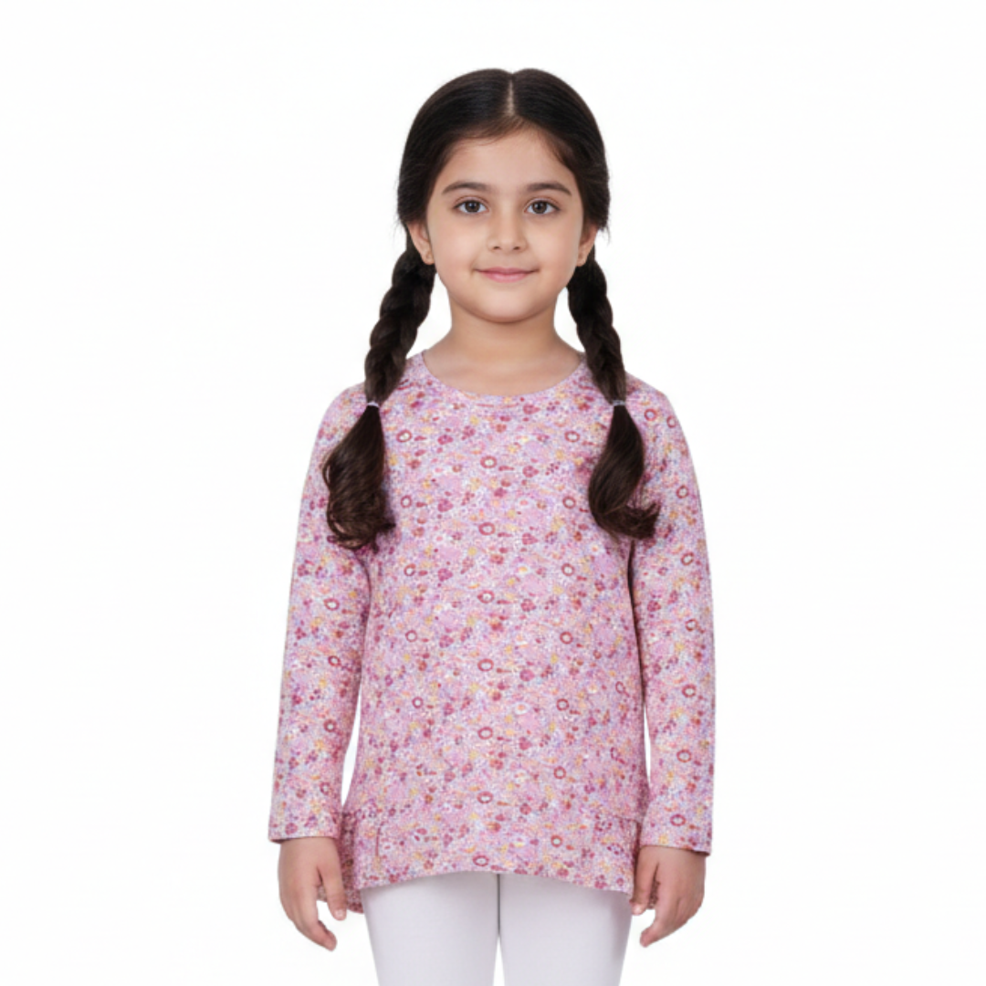 BABY PINK FLOWERS PRINTED BOTTOM CUT FULL SLEEVES T-SHIRT FOR GIRLS Main image