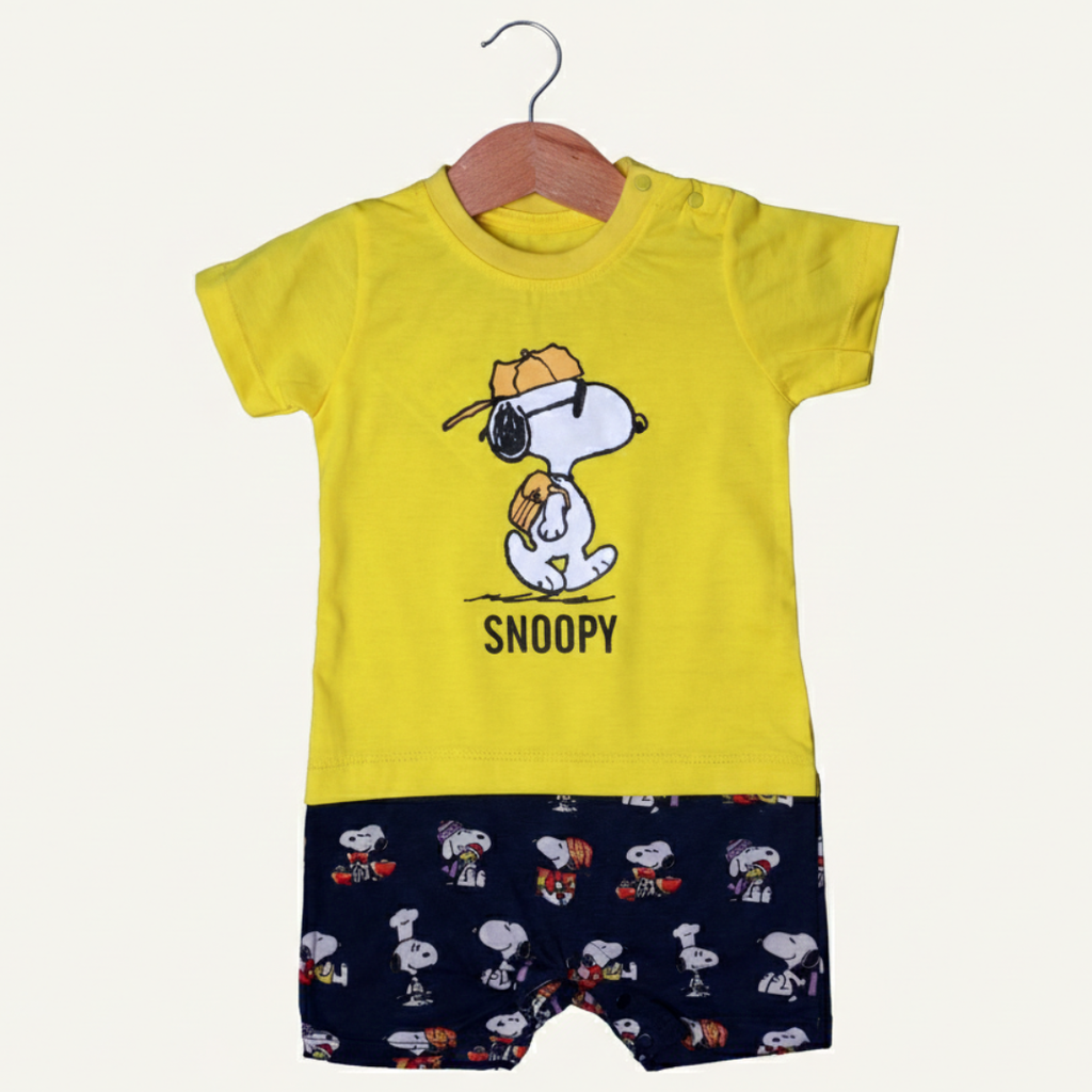 YELLOW WITH NAVY BLUE SNOOPY PRINTED HALF BODY ROMPER