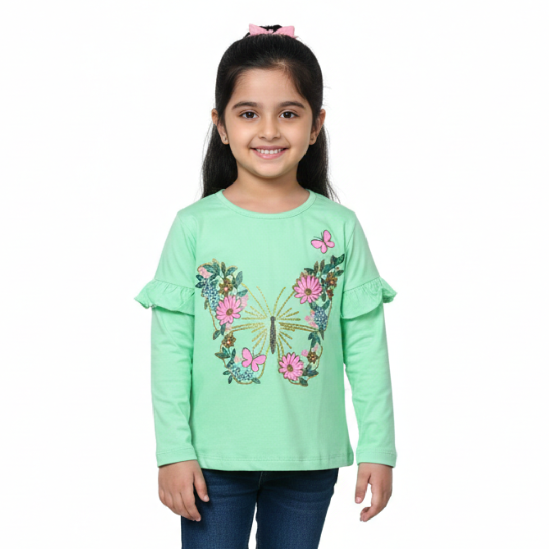 NEW PISTA GREEN BUTTERFLY PRINTED T-SHIRT TOP FOR GIRLS