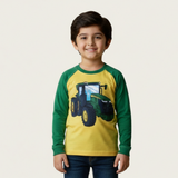 YELLOW WITH GREEN SLEEVES FRONT & BACK TRACTOR PRINTED FULL SLEEVES T-SHIRT