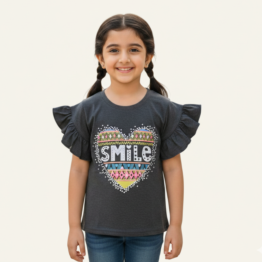 CHARCOAL GREY HEART SMILE PRINTED T-SHIRT FOR GIRLS