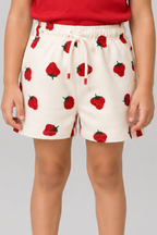 Cream Strawberry Print Shorts For Girls